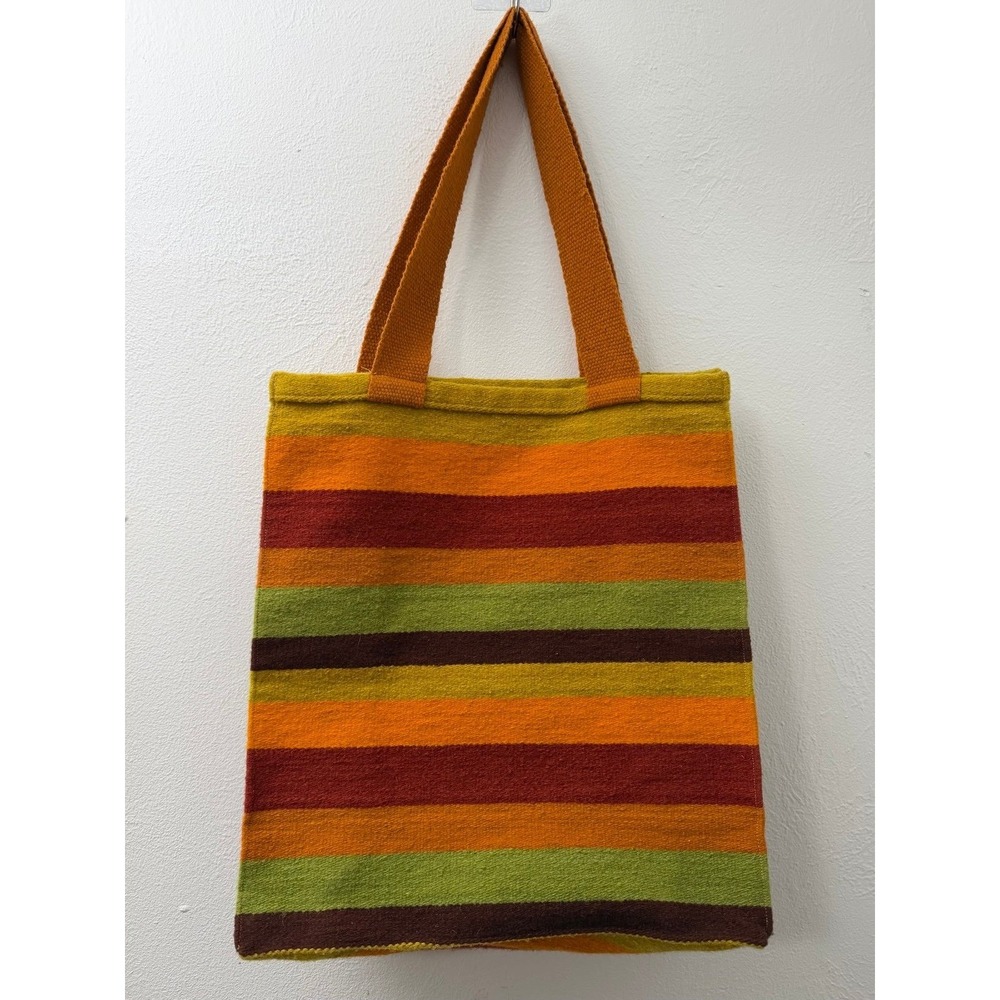 Handmade Peruvian Wool Tote Bag Striped Multicolor Boho Folk Art‎ 17x15